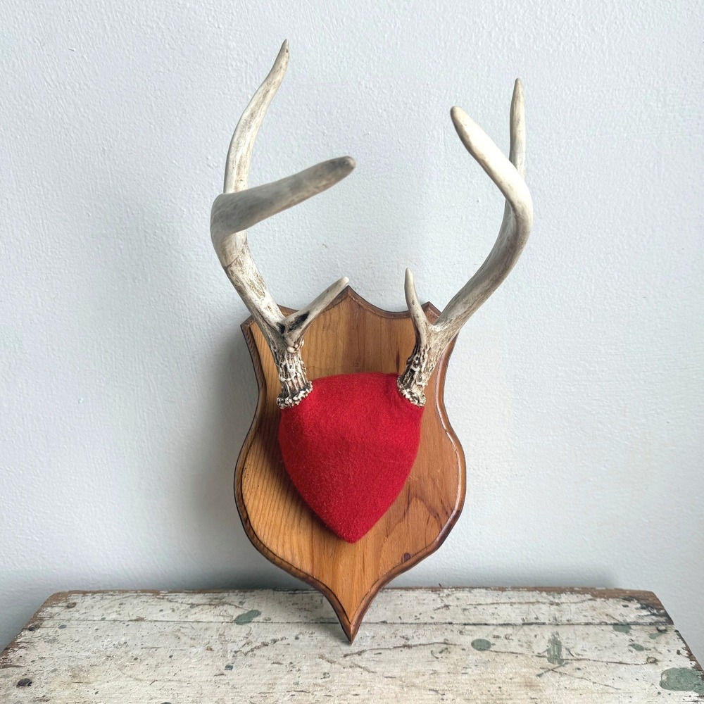 Vintage Deer Antler Mount 4 Point Rack Red Felt Shield Wood Plaque Wall Decor
